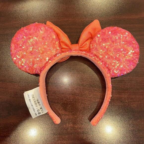 Disney Parks Coral Orange Sequined Iridescent Minnie Mouse Ears Headband - Picture 2 of 2